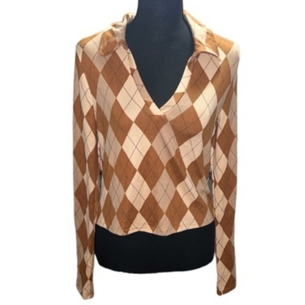 Gaze Argyle Brown and Cream collared top.
